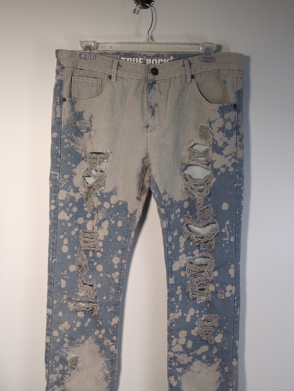 True Rock Men's Jeans 38 X 30 Straight Leg Distressed, Gray/ Blue Acid Wash